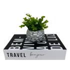 Conjunto livro decorativo e vaso prata geométrico com planta