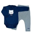 Conjunto longo bebê body bordado urso e calça fake jeans