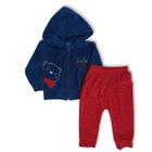 Conjunto longo bebê e infantil plush marinho e vermelho bordado com touca INV