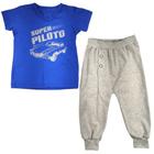 Conjunto longo infantil camiseta curta azul super piloto calça mescla com botões