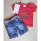 Conjunto masculino infantil bermuda jeans e camiseta cor vermelha - azul marca bela fase moda bebê