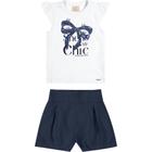 Conjunto Menina Blusa Cotton Light Shorts em Linho cor Branco/Marinho - Angerô