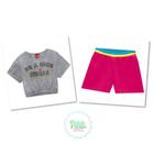 Conjunto Menina Kyly Cropped em Algodão e Shorts em Moletom - Mescla