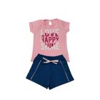 Conjunto Menina Love Rosa/Marinho Blusa Manga Curta e Shorts