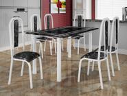 Conjunto Mesa 140x75 Tampo Ardosia Preto Listrado Com 6 Cadeiras 03 Tecido Floral Preto Tubo Branco BM Tubulares