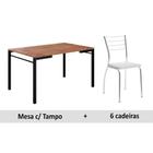 Conjunto: Mesa de Cozinha 1526 Tampo Madeirado 136cm Canto Reto + 6 Cadeiras 1700 Preto/Cromado/Branco - Carraro