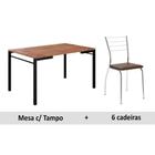 Conjunto: Mesa de Cozinha 1526 Tampo Madeirado 136cm Canto Reto + 6 Cadeiras 1700 Preto/Cromado/Cacau - Carraro