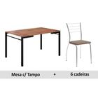 Conjunto: Mesa de Cozinha 1526 Tampo Madeirado 136cm Canto Reto + 6 Cadeiras 1700 Preto/Cromado/Conhaque - Carraro