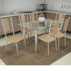 Conjunto: Mesa de Cozinha Elba c/ Tampo Vidro 140cm + 6 Cadeiras Lisboa Cromada/Nude - Kappesberg