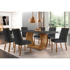 Conjunto: Mesa de Cozinha Jade c/ Tampo Madeirado c/ Vidro Canto Curvo 180x90cm e 6 cadeiras Amsterdã Imbuia/Grafite - Suede Grafite - Rufato