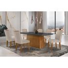 Conjunto: Mesa de Cozinha Luna c/ Tampo de Vidro Canto Curvo 180x90cm e 6 cadeiras Londrina Imbuia/Grafite - Suede Creme - Rufato