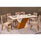 Conjunto: Mesa de Cozinha Rubi c/ Tampo Madeirado c/ Vidro 170x90cm e 6 Cadeiras Jade Freijo/Off White/Off White - Suede Kraft - DJ Móveis