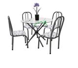 Conjunto Mesa de cozinha Sala de Jantar Munich redonda 90cm Vidro incolor de 8mm + 4 cadeiras Bx reforçadas cor Chumbo cinza estampa Floral branco tem