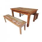 Conjunto Mesa de Jantar 1.5m 2 Bancos Ripado Madeira de Demolição Peroba Rosa Patina