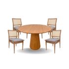 Conjunto Mesa de Jantar Cone 90 cm Freijó Com 4 Cadeiras Madeira Maciça Tela Sextavada e Assento Em Linho - Personal Moveis Design