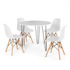 Conjunto Mesa de Jantar Redonda Hairpin 90cm Branca com 3 Pés + 4 Cadeiras Eames Eiffel - Branco