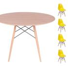 Conjunto Mesa Eames Eiffel DSW Redonda Freijó 90cm + 4 Cadeiras Eames DSW - Amarela