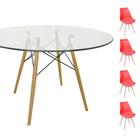 Conjunto Mesa Eames Eiffel Redonda Vidro 90cm + 4 Cadeiras Saarinen Wood - Vermelha