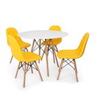 Conjunto Mesa Eiffel Branca 120cm + 4 Cadeiras Dkr Charles Eames Wood Estofada Botonê - Amarela