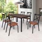 Conjunto mesa jogo sala jantar ciplafe karina flex 6 cadeiras tubo preto fosco tampo madeira bp amendoa 1,36m assento linho bege