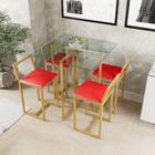 Conjunto Mesa Vidro 4 Cadeiras Pequena Estofado Industrial Dourado