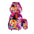 Conjunto Mochila Rodinhas Lancheira Estojo Princesas Escolar