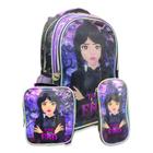 Conjunto Mochila Wandinha Lancheira Estojo Girl Roxo -Denlex