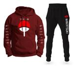 Conjunto Moletom Infantil e Adulto Uchiha Naruto Anime com Capuz Blusa + Calça - Bordô