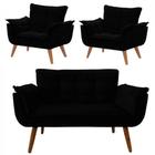 Conjunto Namoradeira Com 2 Poltronas Sala de Estar Opala Suede Preto