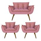 Conjunto Namoradeira Com 2 Poltronas Sala de Estar Opala Suede Rosa - DL Decor