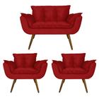 Conjunto Namoradeira e 2 Poltronas Estofadas Hall de Entrada Opala Suede Vermelho - DL Decor