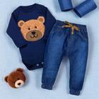 Conjunto Para Bebê Body E Calça Jeans Bordado Urso Marinho