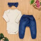 Conjunto Para Bebê Body Longo E Calça Jeans Com Faixinha Creme