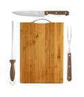 Conjunto para churrasco Garfo/Faca/Chaira e Tábua de Corte em Bambu 36x26Cm