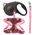 Conjunto Passeio Pet Peitoral Rosa + Guia Retrátil + Fixa