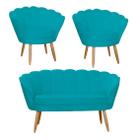 Conjunto Pétala Namoradeira e 2 Poltronas Para Sala de Estar Suede Azul Turquesa - LM DECOR