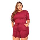 Conjunto plus size canelado blusa manga curta bufante e short tamanho grande feminino moderno