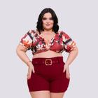 Conjunto Plus Size Feminino Cropped Xadrez Short Cinto 0269