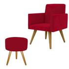 Conjunto Poltrona Para Sala Decorativa Nina e Puff Pés Palito Suede Vermelho Arapol