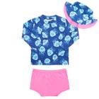 Conjunto Praia Bebê e Infantil Proteção UV com Chapéu Água Viva Baby Rosa Chiclete Diju