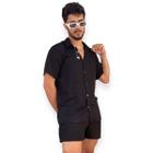 Conjunto Praia Masculino Camisa + Short Preto Tecido Premium Viscolinho