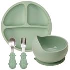 Conjunto Pratinho Bowl C/ Ventosa Colher E Garfo Em Silicone E Inox Verde Buba