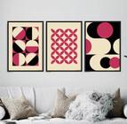 Conjunto Quadro Círculos Flor Formas Magenta Bege"