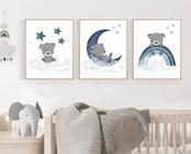 Conjunto Quadro Nórdico Urso Lua Estrela Azul"