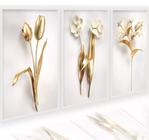 conjunto quadros Decorativo Dourado Floral"