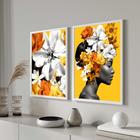 Conjunto Quadros Decorativos com Moldura  Mulher Flores na Cabeça laranja Amarelo Sala Quarto Cozinha Kit 2 Peças