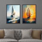 Conjunto Quadros Decorativos com Moldura  Pintura Barcos Sol Arte Sala Quarto Cozinha Kit 2 Peças