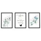 Conjunto Quadros Decorativos Folhagem Moldura e Vidro Frase Motivacional Sala Quarto