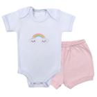 Conjunto Roupa Bebê Menina Body Bordado Nuvem Arco-íris e Short Tapa Fralda Infantil