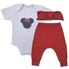 Conjunto Roupa Bebê Menina Body Minnie Mouse e Calça Mijão Culote Poá + Faixa Temático Mêsversário